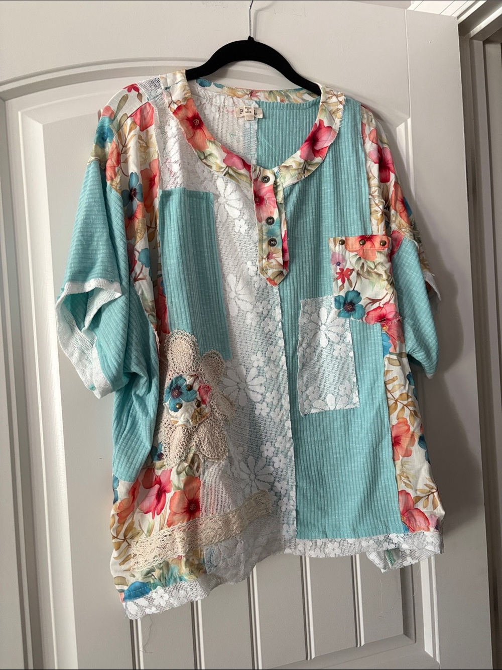 POL Aqua Floral Patchwork Tunic with Lace Accents